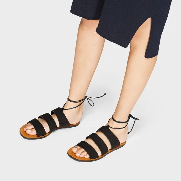 Women's Black Gladiator Sandals Comfortable Flats |FSJ Shoes