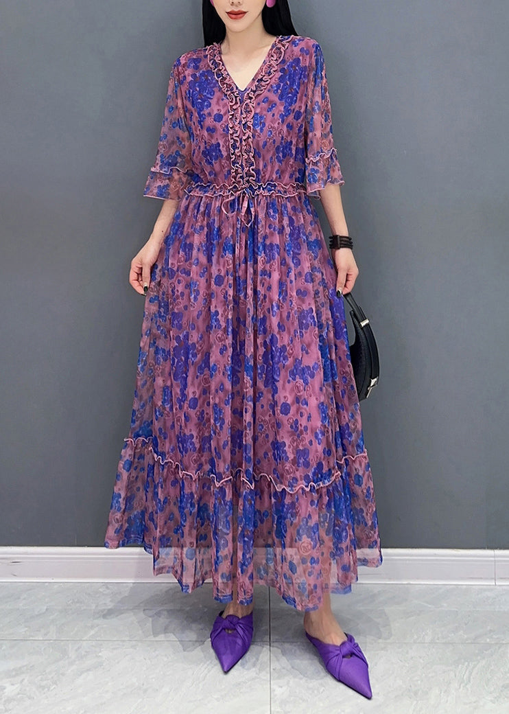 VCSHOES Purple V Neck Print Elastic Waist Chiffon Long Dress Summer