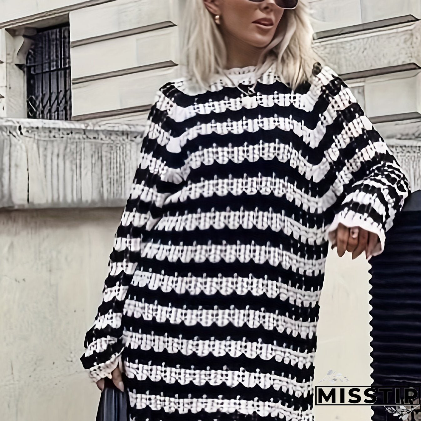 Striped Oversized Long Length Pullover Sweater, Casual Long Sleeve Sweater For Spring & Fall, Women's Clothing