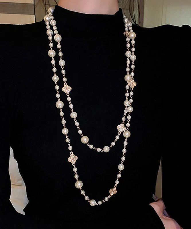 Modern White Overgild Pearl Clover Zircon Princess Necklace