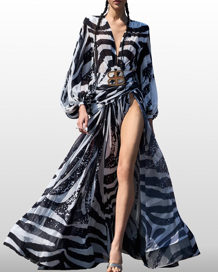 Zebra Print Crossover Loose Slit Dress