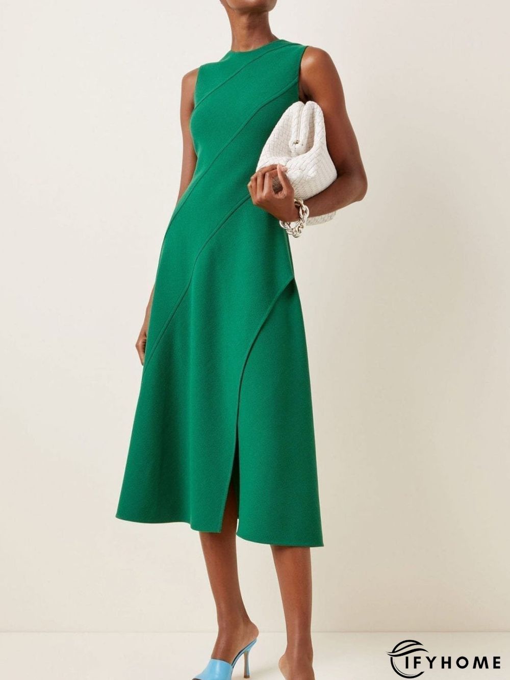 Work Sleeveless Crew Neck Plain  A-Line Midi Dress | IFYHOME