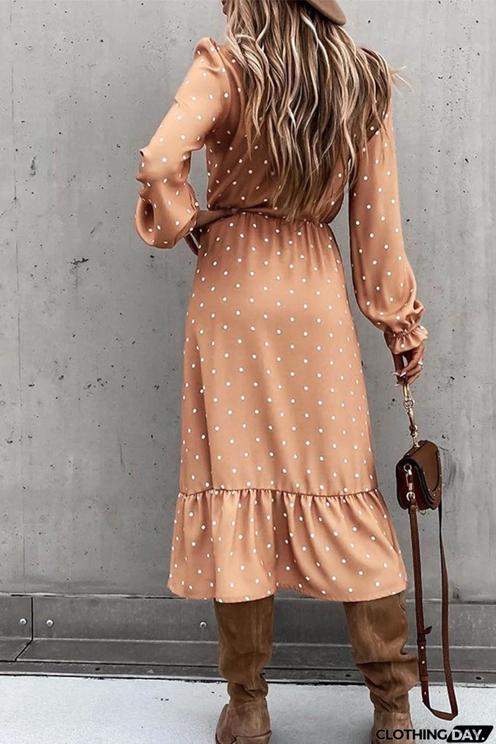 Apricot Button Polka Dot High Slit Ruffled Long Sleeve Midi Dress