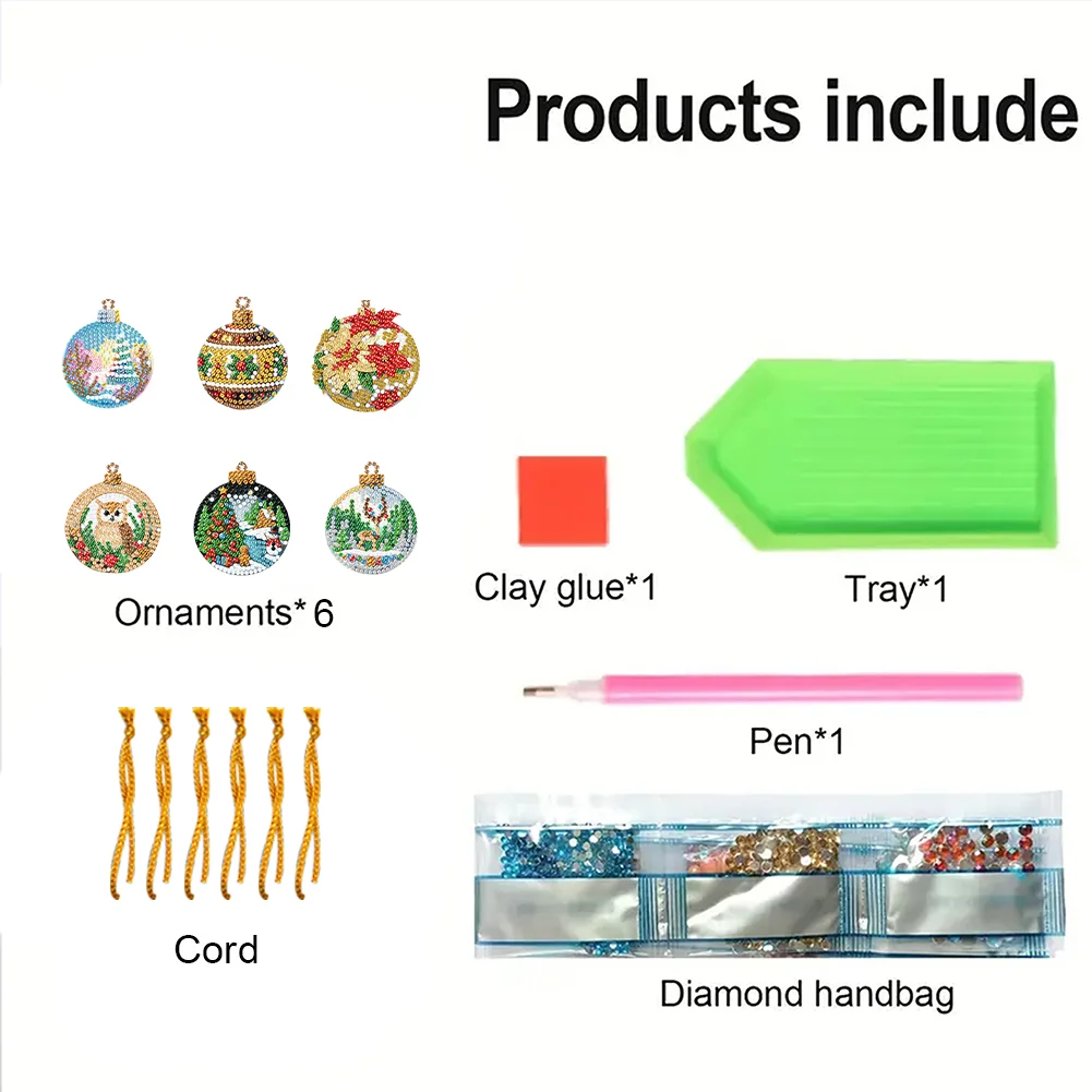 6pcs Xmas Balls 2D Flat DIY Diamond Painting Art Pendant Wall Door Decoration