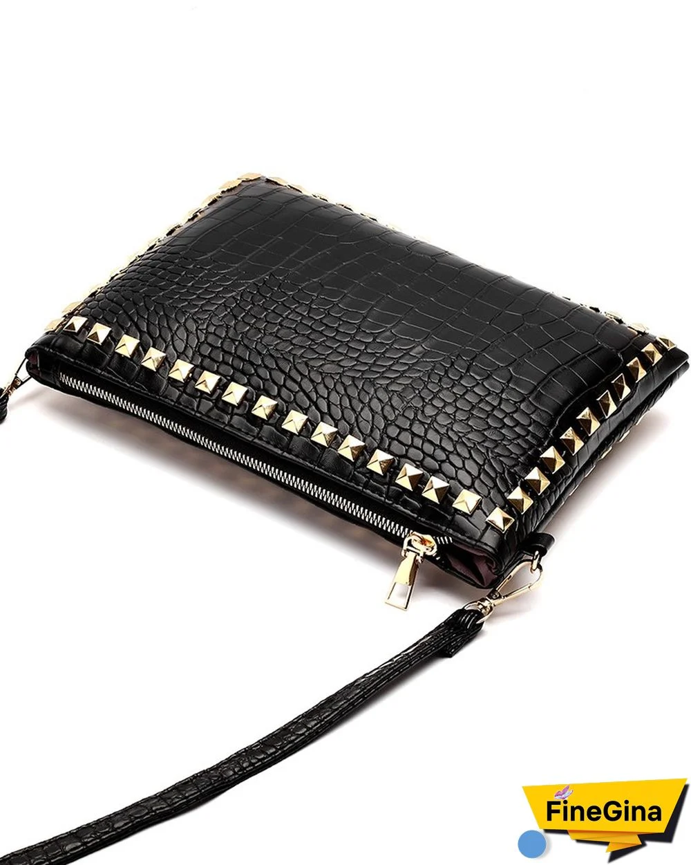 Rivet Decor Croc Embossed Clutch Bag With Wristlet