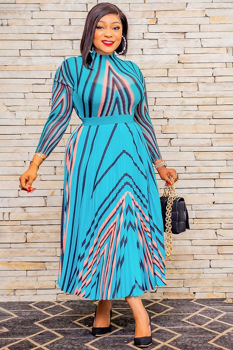 Geometrical Print Pleated Long Sleeve High Waist Maxi Dresses
