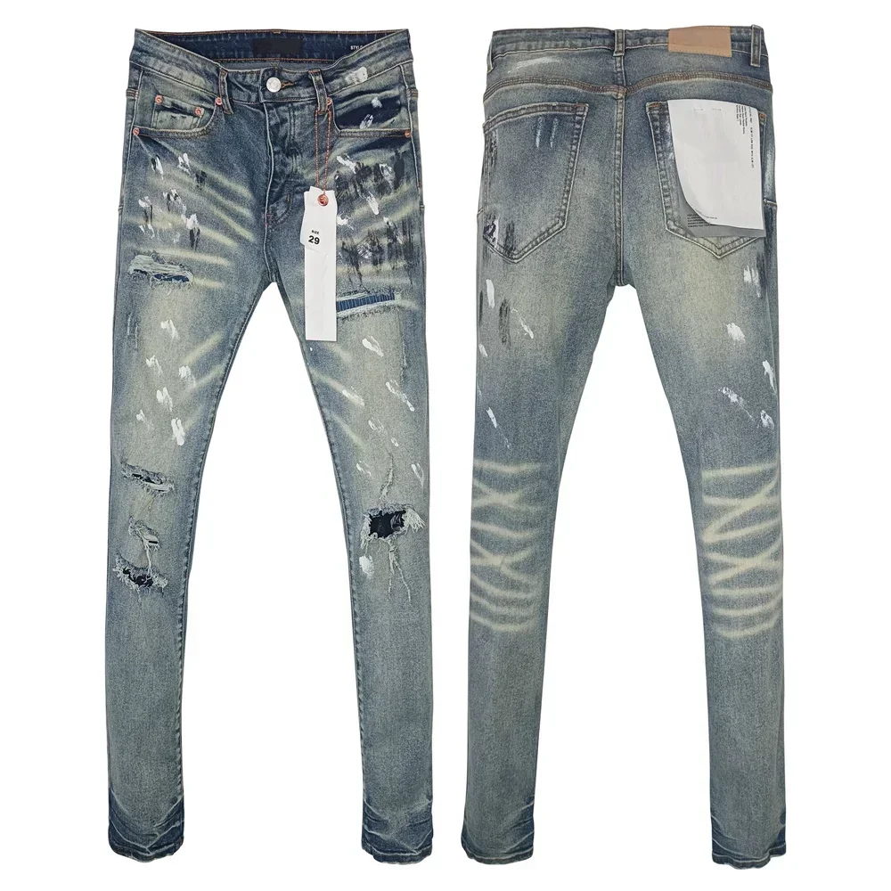 Wimaskel New Purples jeans American high street Retro wash hole patch trend straight Stylish low raise Elastic Skinny jeans brand pants