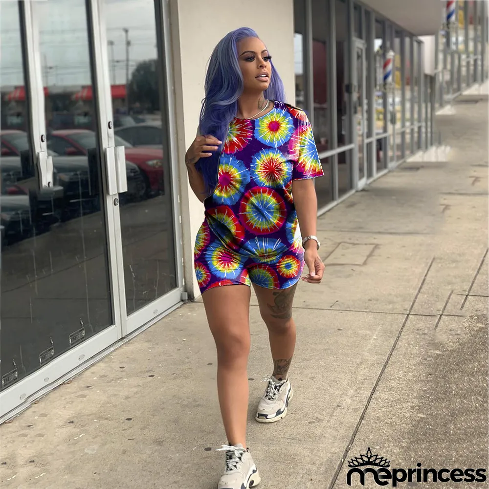 Tie Dye Print Casual Short Two Piece Sets