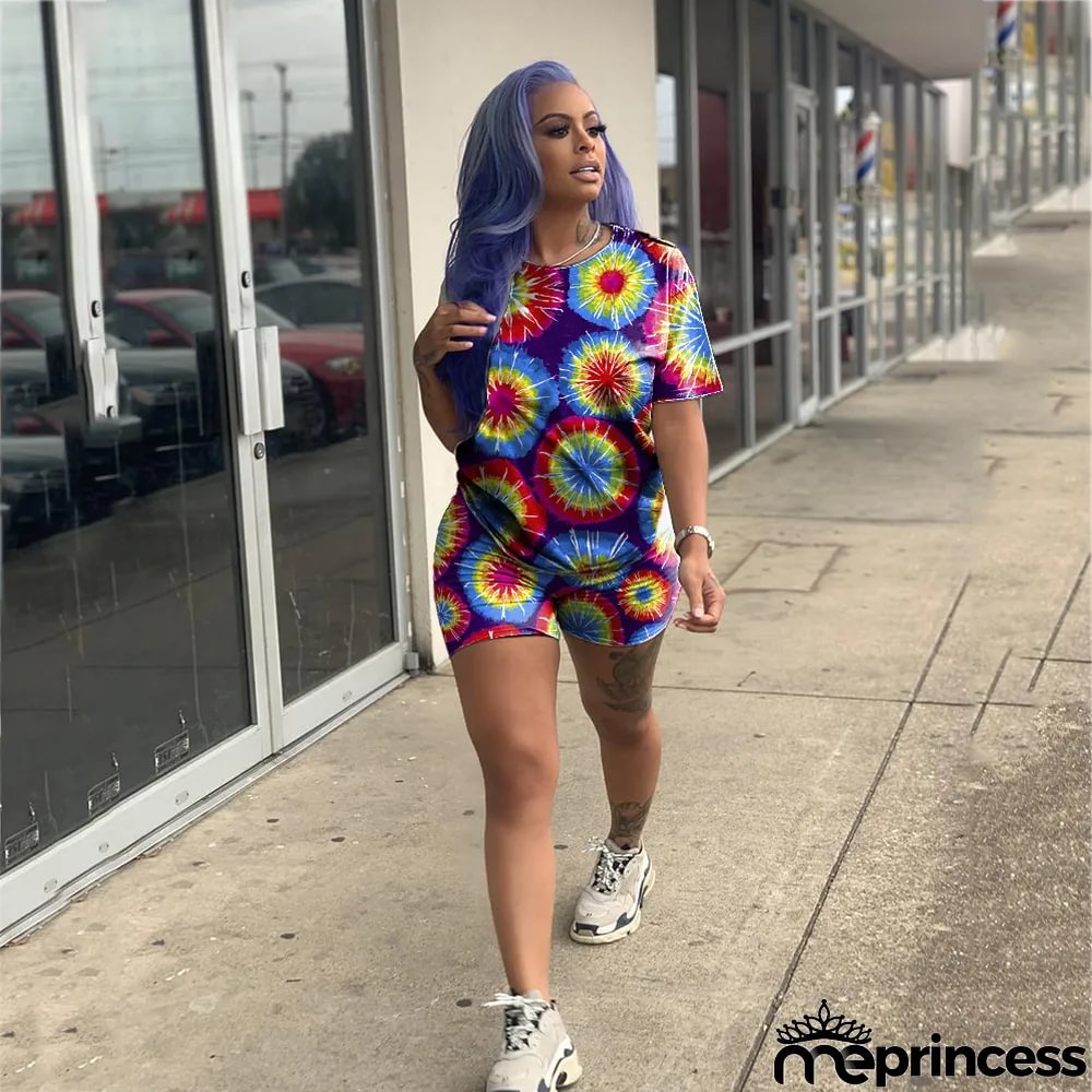 Tie Dye Print Casual Short Two Piece Sets