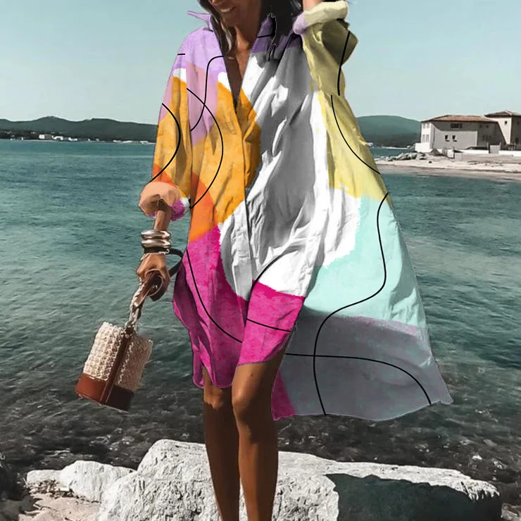 Fashion Color Block Long Sleeve Midi Dress