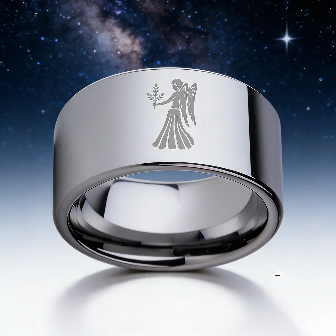 4MM 6MM 8MM 10MM Width Silver Flat Tungsten Wedding Bands Zodiac Virgo Laser Couple Tungsten Carbide Rings