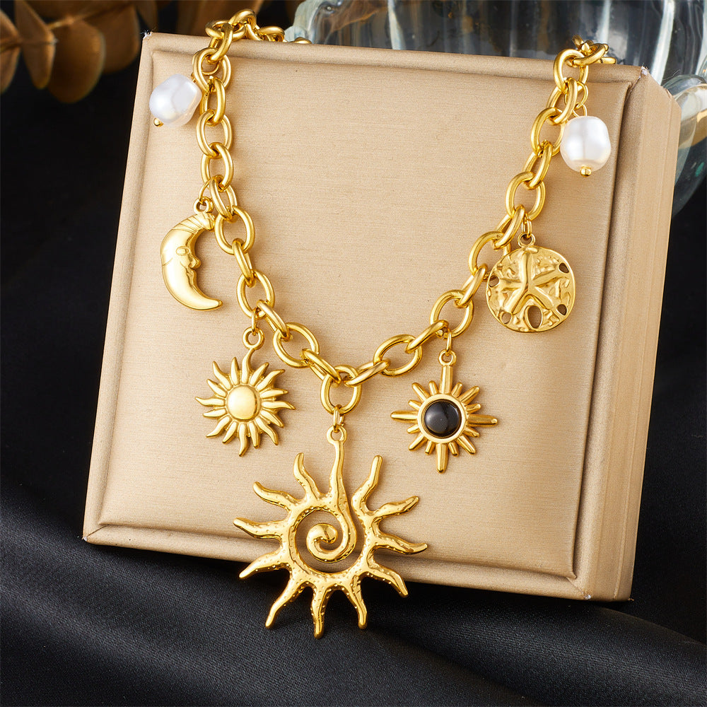 Fashion Gold Plated Stainless Steel Sun Moon Gemstone Pearl Accessories Pendant Chain Necklace