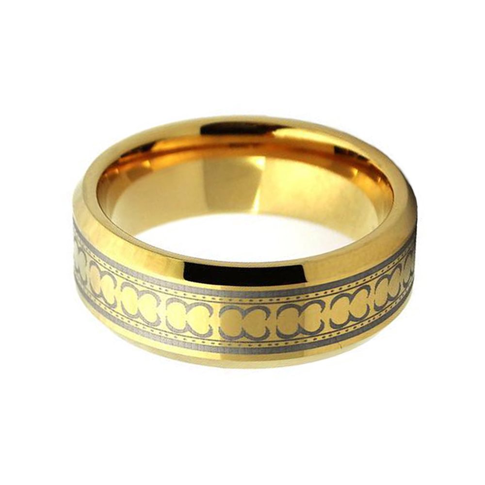 8MM Gold Plated Tungsten Carbide Rings Bevel Edge Laser Patern Men Wedding Band