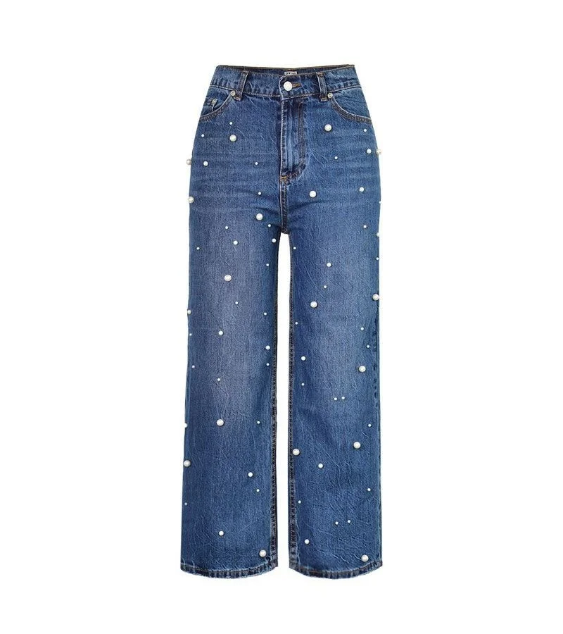 High-waisted Imitation Pearl Design Wide-leg Flare Jeans