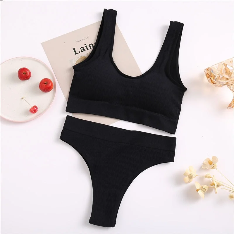 FINETOO Seamless Tops Set High Waist Panties Women Wireless Underwear Suit Soft Padded Bras Set S-XL Backless Bralette Lingerie