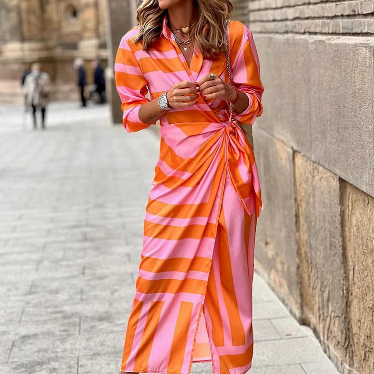 Women Bohemian Dress Casual Long Sleeve Striped Printed Dress