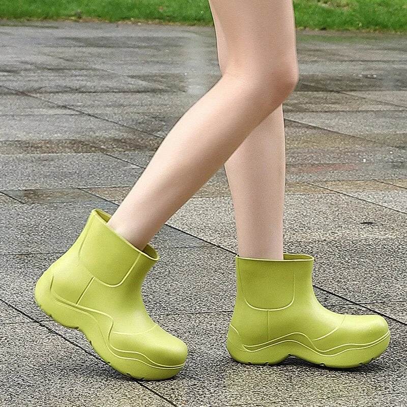 Thick Sole Design Women Rainboots Lightweight EVA Slip-on Ladies Rain Shoes Solid Outdoor Waterproof Girls Platform Ankle Boots