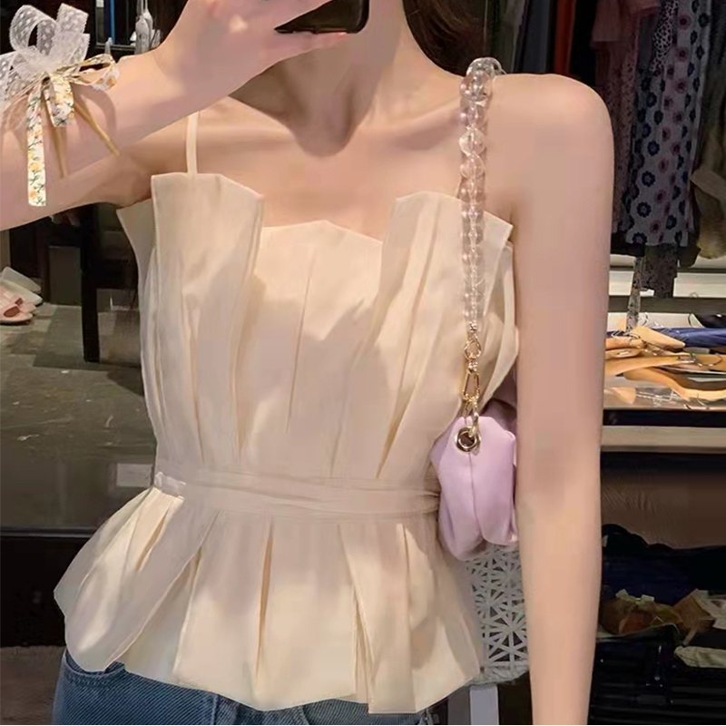 Summer Women's Csole Tank Top Beach Outfit Fairy T Lace One oulder Netting Strap Vest Inner Wear Sweet Sle Regular Fit