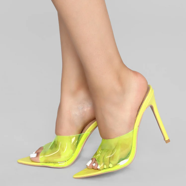 Yellow PVC Pointed Toe Stiletto Heel Mules Sandals |FSJ Shoes