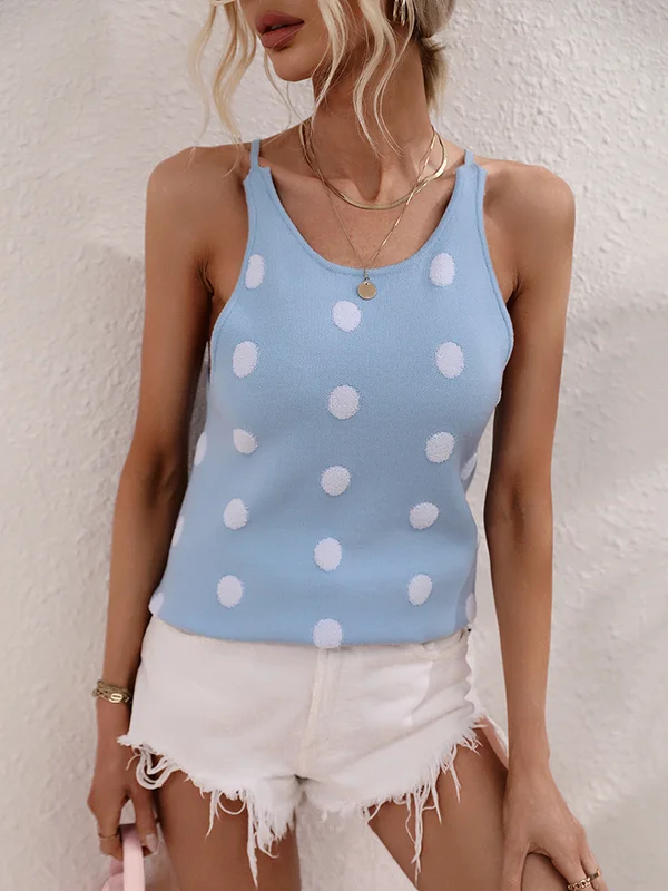 Polka-Dot Hollow Sleeveless High-Low Round-Neck Vest Top