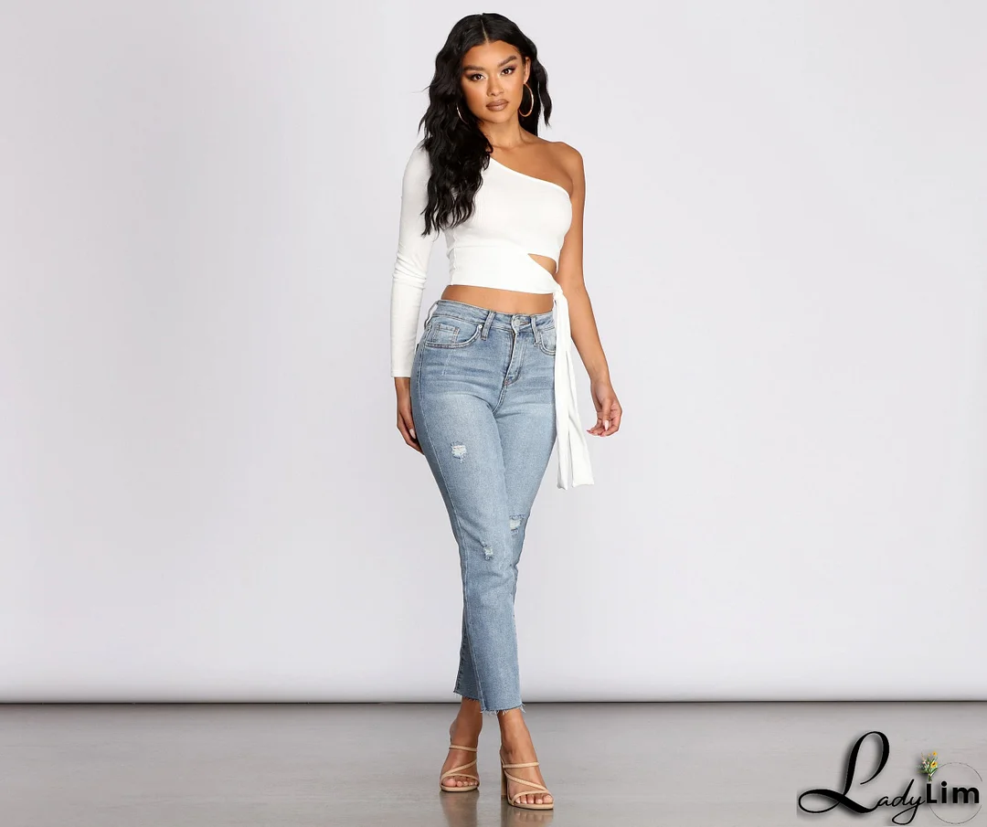 Single Sleeve Ribbed Crop Top