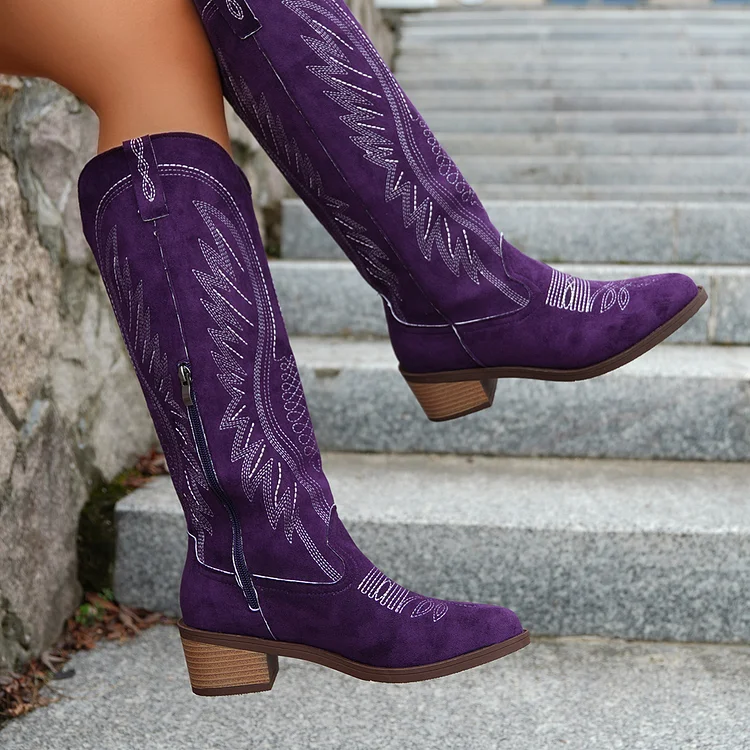 Embroidered Western Cowboy Boots with Low Heel   Stunahome.com