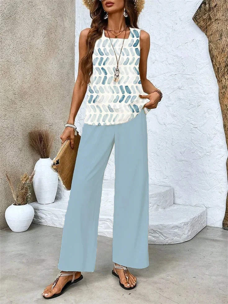 Women's Sleeveless Square Collar Graphic Printed Casual Set