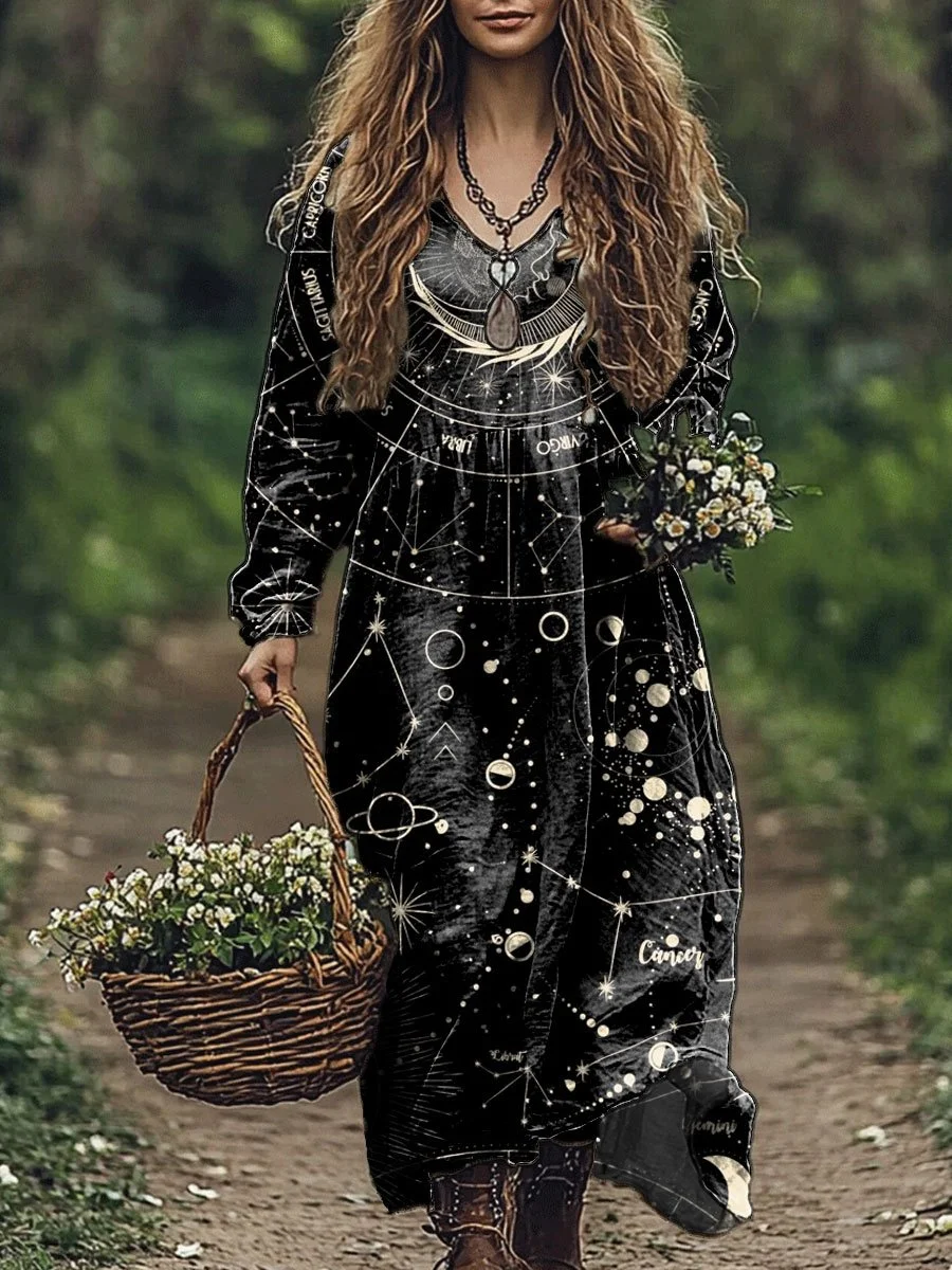 Women's Mysterious Crecent Moon Art Print Pocket Cotton Dress