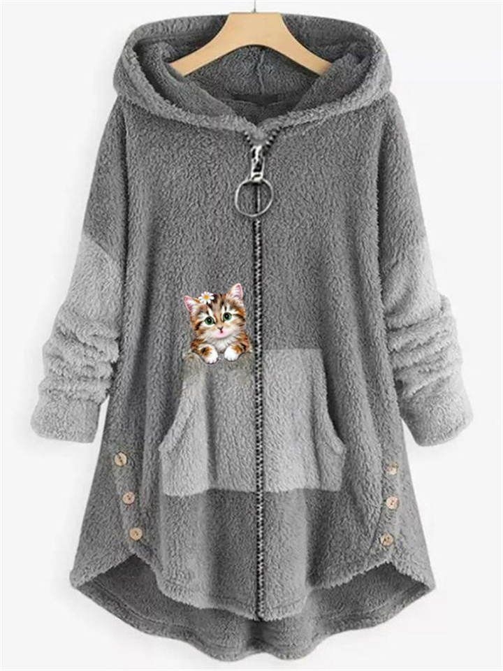 Women's Fleece Jacket Pullover Casual Sherpa Fleece Teddy Zip Up Front Pocket Green Black Pink Cat Street Hoodie Long Sleeve Fleece S M L XL XXL 3XL | 168DEAL