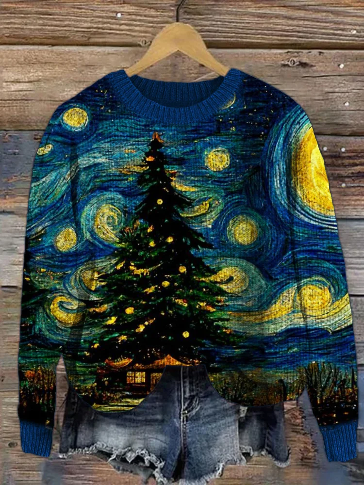 Christmas Starry Night Art Cozy Knit Sweater