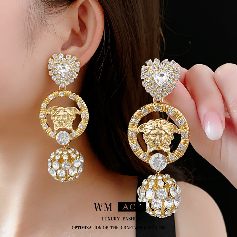 Medieval Round Geometric Heart Alloy Diamond Inlay Earrings