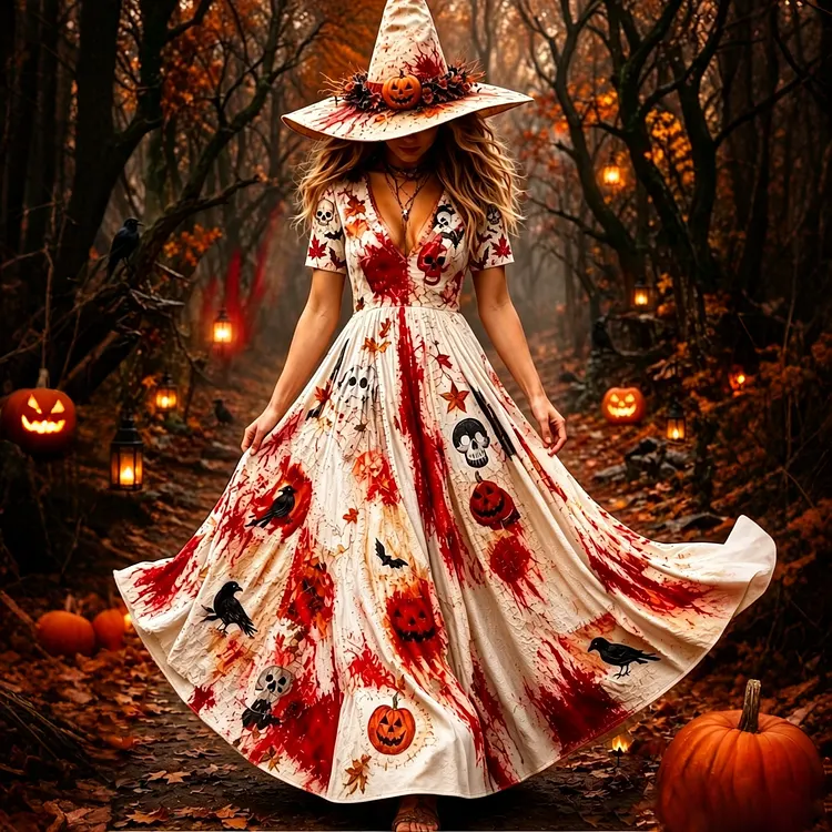 Women's Gothic Bloody Halloween Prints Long Sleeve Maxi Dress