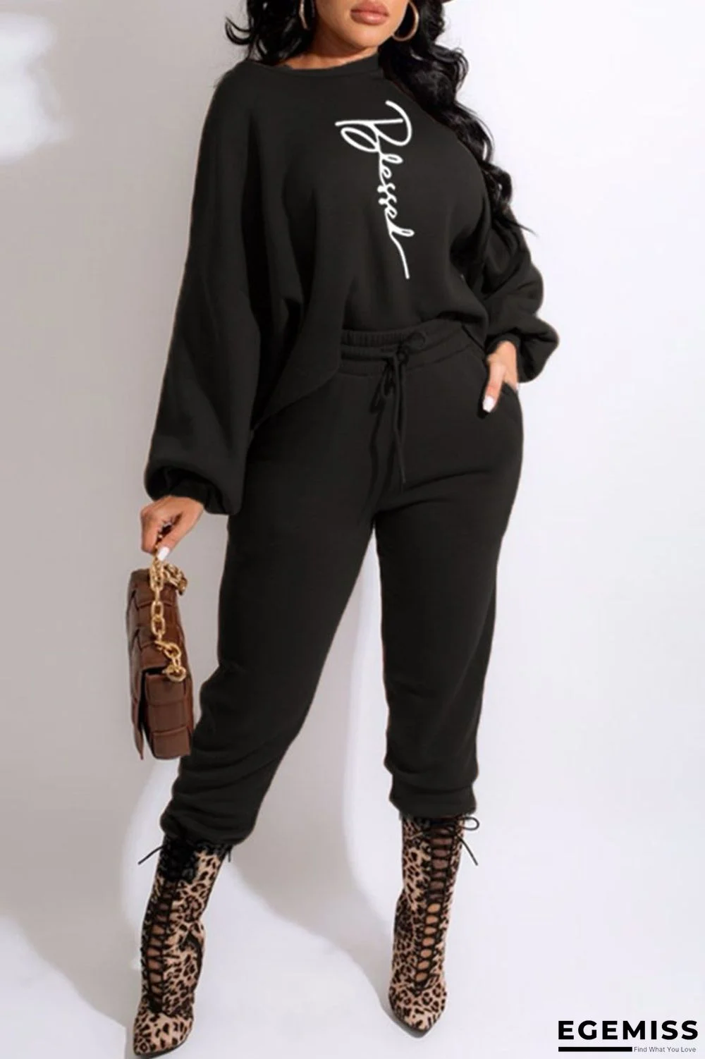 Black Casual Print Patchwork O Neck Long Sleeve Two Pieces | EGEMISS