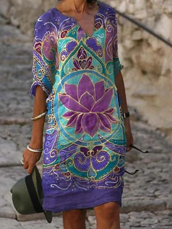 Printed loose bamboo fiber linen floral short sleeve dress