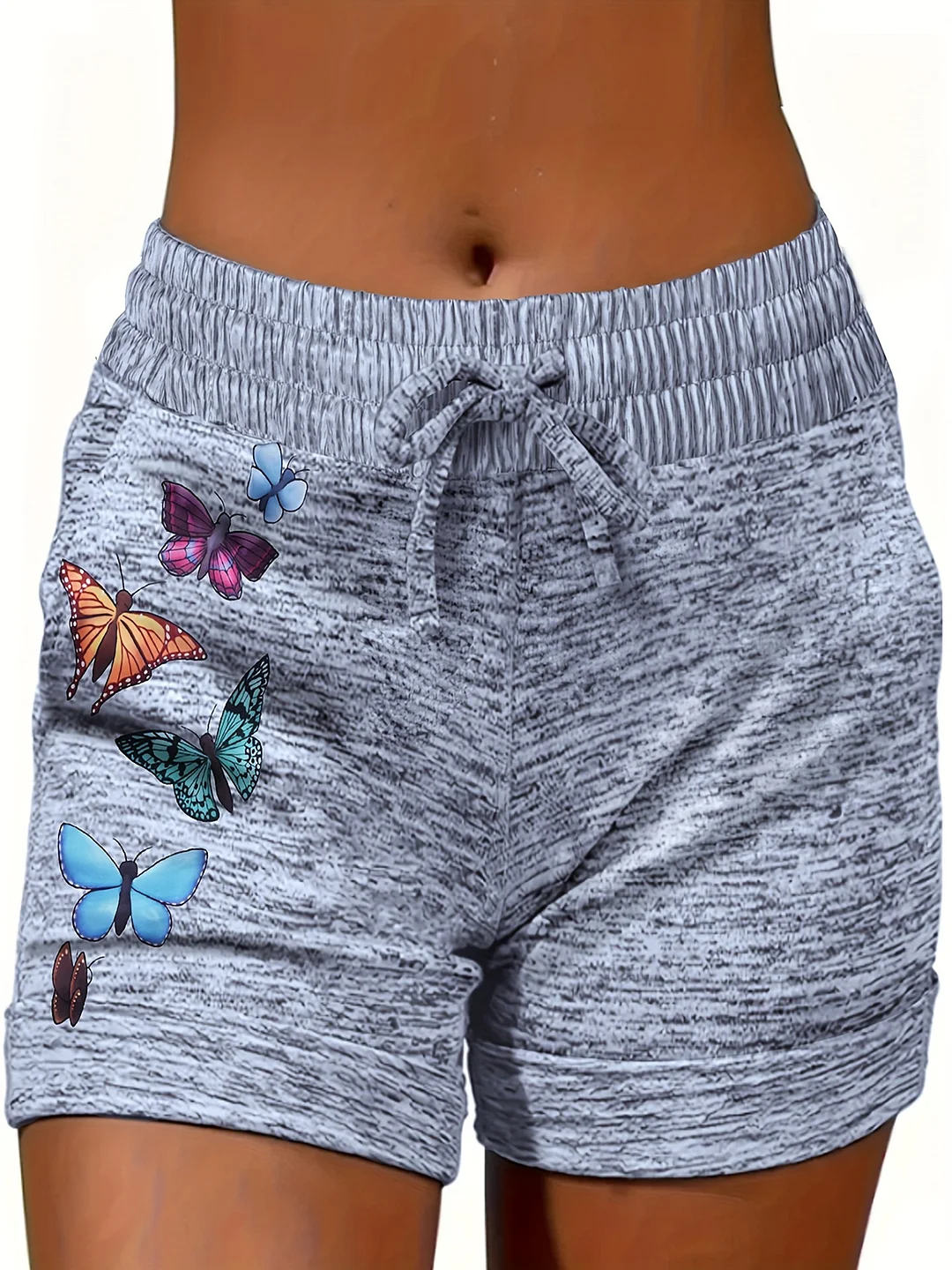 Plus Size - Women's Plus Size Casual Summer Shorts With Vibrant Butterfly Print, Stretchy Drawstring Waist, Gray & Black, Lightweight & Breathable For Beach, Vacation, And, Vacation Shorts | Butterfly Print Shorts | Comfortable Fit | IFYHOME