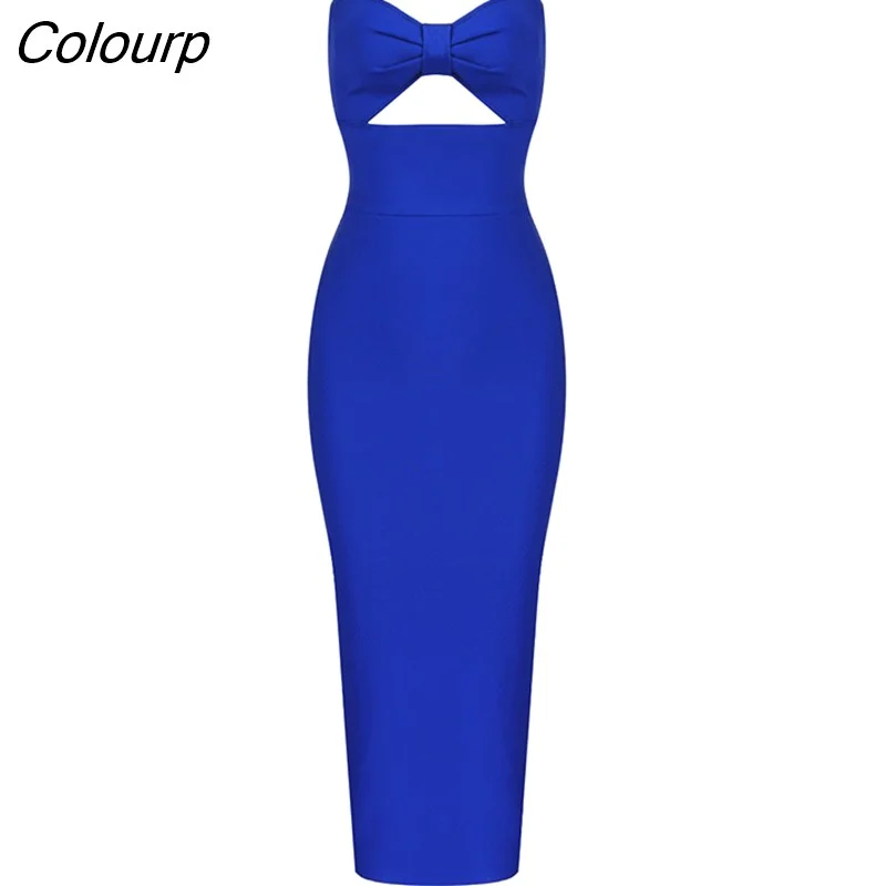 Colourp Quality Women Summer Sexy Spaghetti Straps V Neck Cut Out Bow Runway Rayon Bandage Dress Celebrity Club Party Bandage Dress