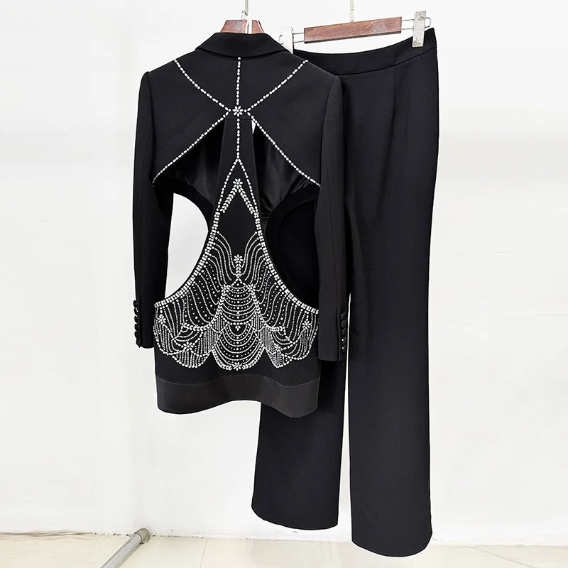 Nigikala Nigikala Summer New Star Sex Hollow Hot Diamond Suit Jacket Trousers Set Two Sets