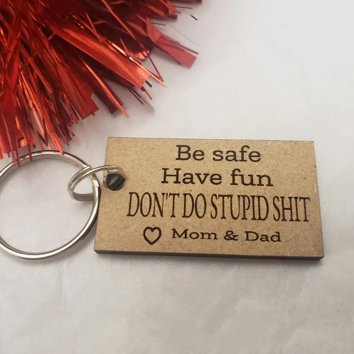 Don't Do Stupid Love Mom & Dad Wooden Keychain for Kids