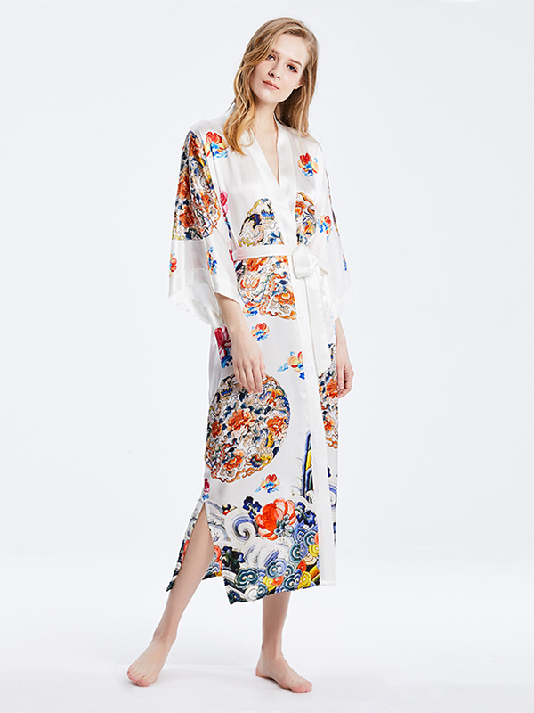 19 MOMME Kimono en soie imprimé traditionel blanc - grande taille-Soie Plus