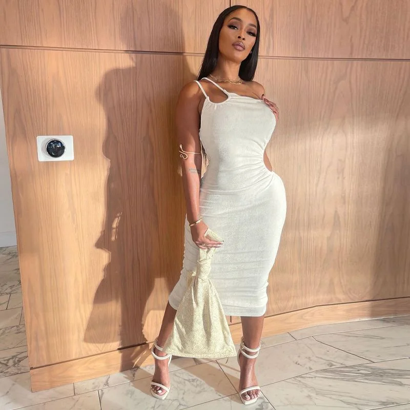 Slant Shoulder Sleeveless Bodycon Dress Women Solid Plain Sling Slim Long Dress 2023 Fall  Party Club Fairy Clothes