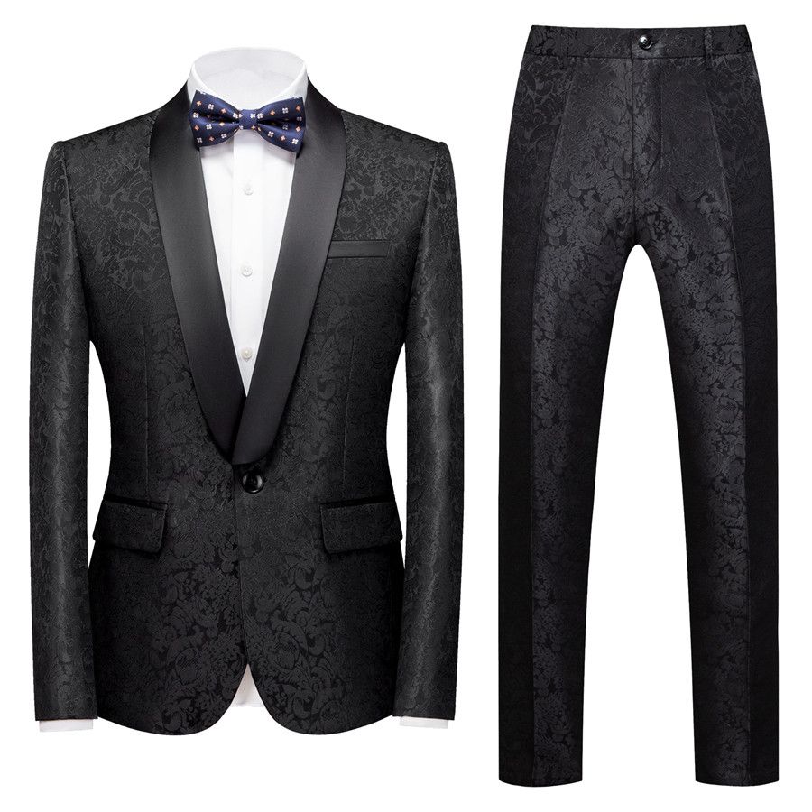 Luluslly Black Jacquard Shawl Lapel Wedding Men Suits