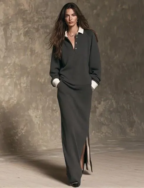 Women's Casual Long-sleeved Maxi Dress In Dark Grey Stretch Sweatshirt Fabric MD