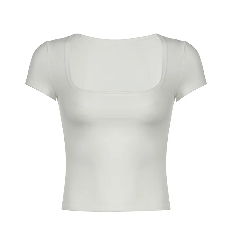 Ueong Solid Color U-Collar Tight Skinny Short-Sleeved T-Shirt Summer Basic Low-Collar Knitted Blouse