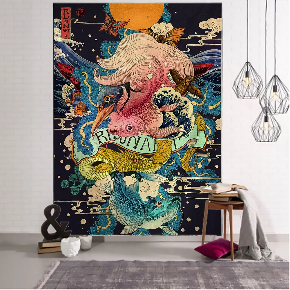 Print Blanket Kanagawa Wave Tapestry Wall Hanging Bohemian Bed Hippie Japanese Illustration Kawaii Bedroom Home Decor