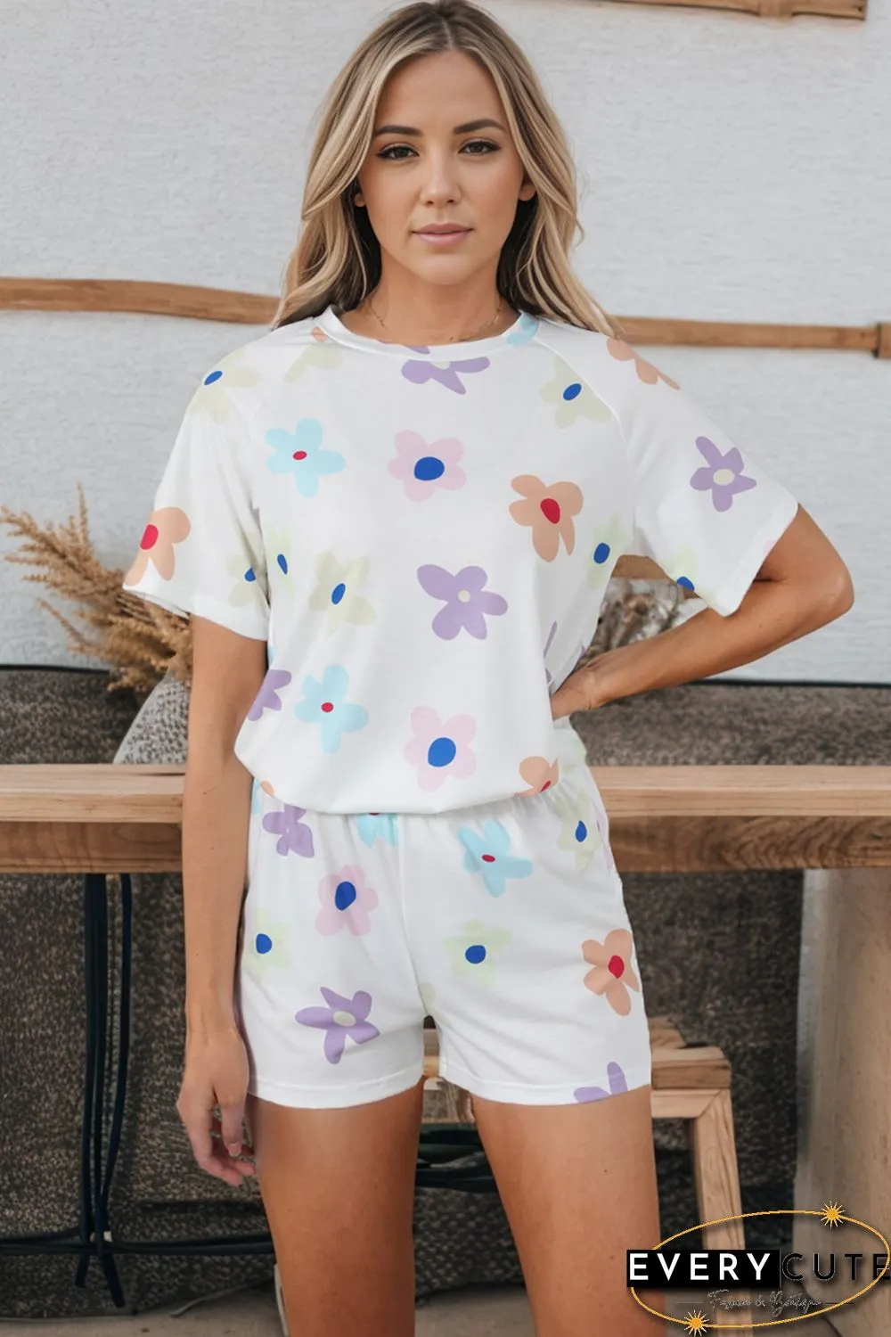 White Flower Print Short Sleeve High Waist Two Piece Shorts Set