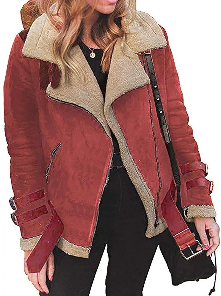 Jacket for Women Plus Size,Winter Women Faux Fur Fleece Coat Outwear Warm Lapel Biker Motor Aviator Jacket