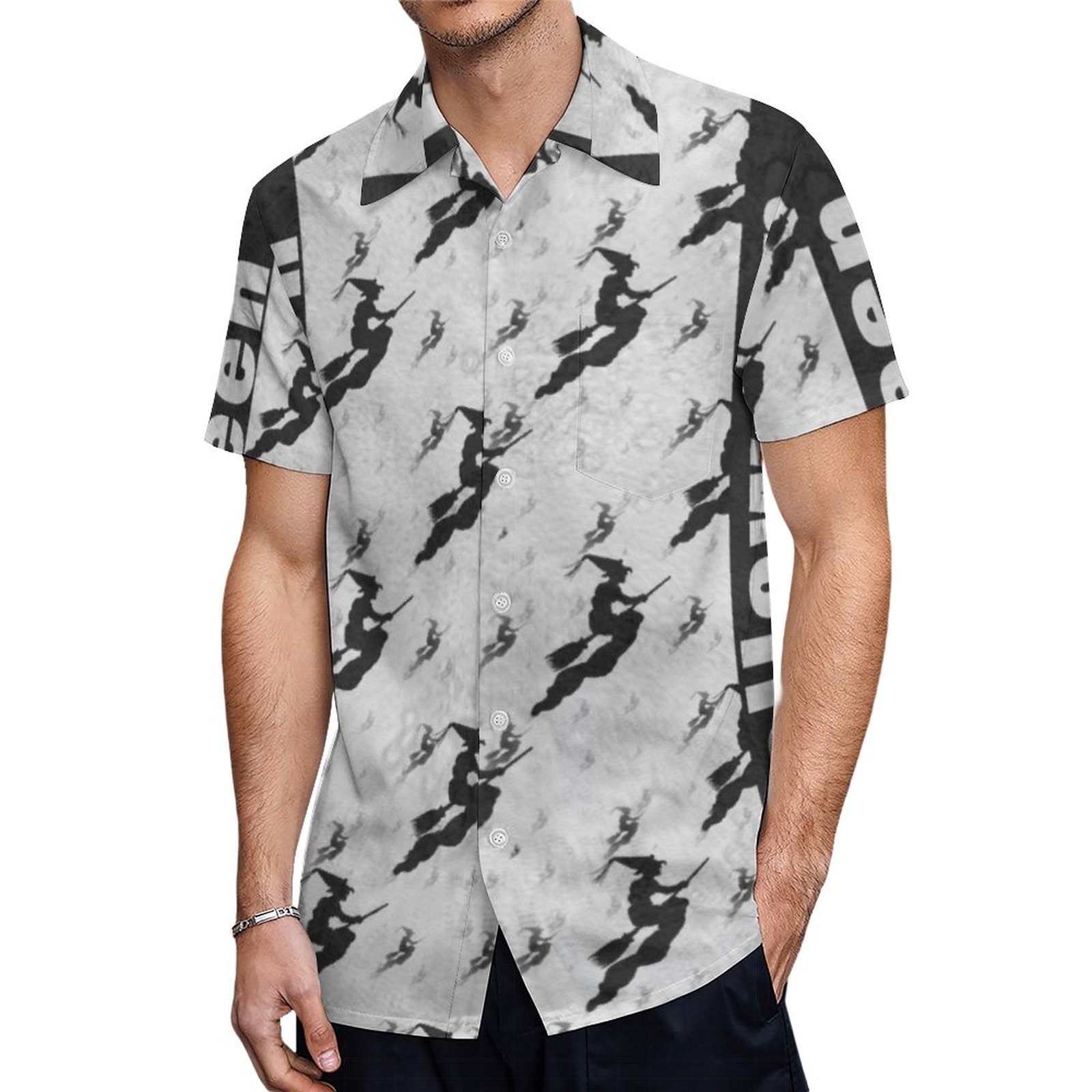 Black Halloween Witches Brooms Black White Pattern Hawaiian Shirt Mens Button Down Tropical Hawaii Beach Shirts