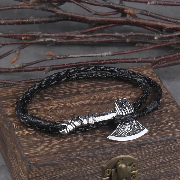 Coutureaura Viking Valknut Axe Amulet Multilayer Leather Bracelet