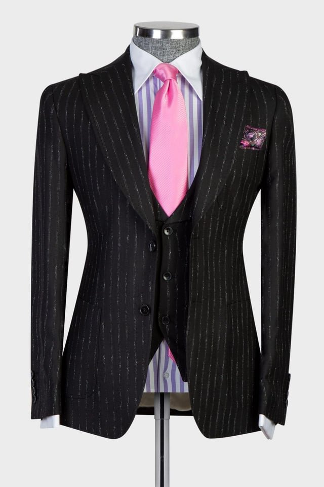 Classic 3-Pieces Black Stripe Peaked Lapel Slim Fit Men Suits | Ballbellas Ballbellas