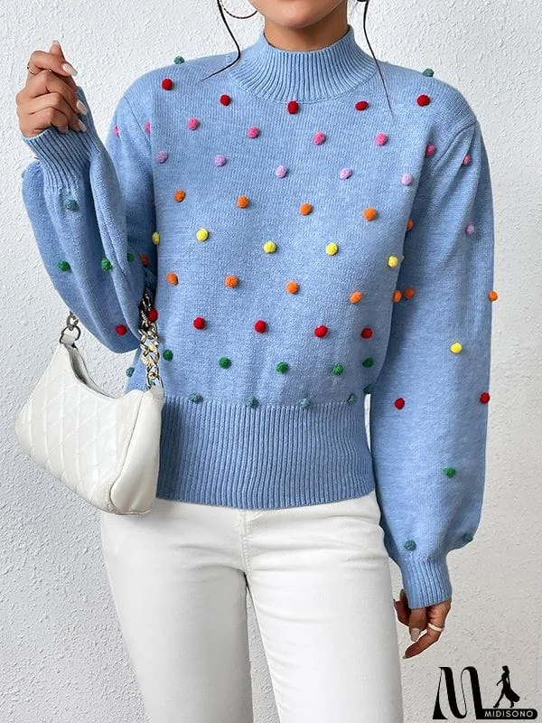 MidiSono - Long Sleeves Loose Pompom Triming Round-Neck Knitwear Pullovers Sweater Tops